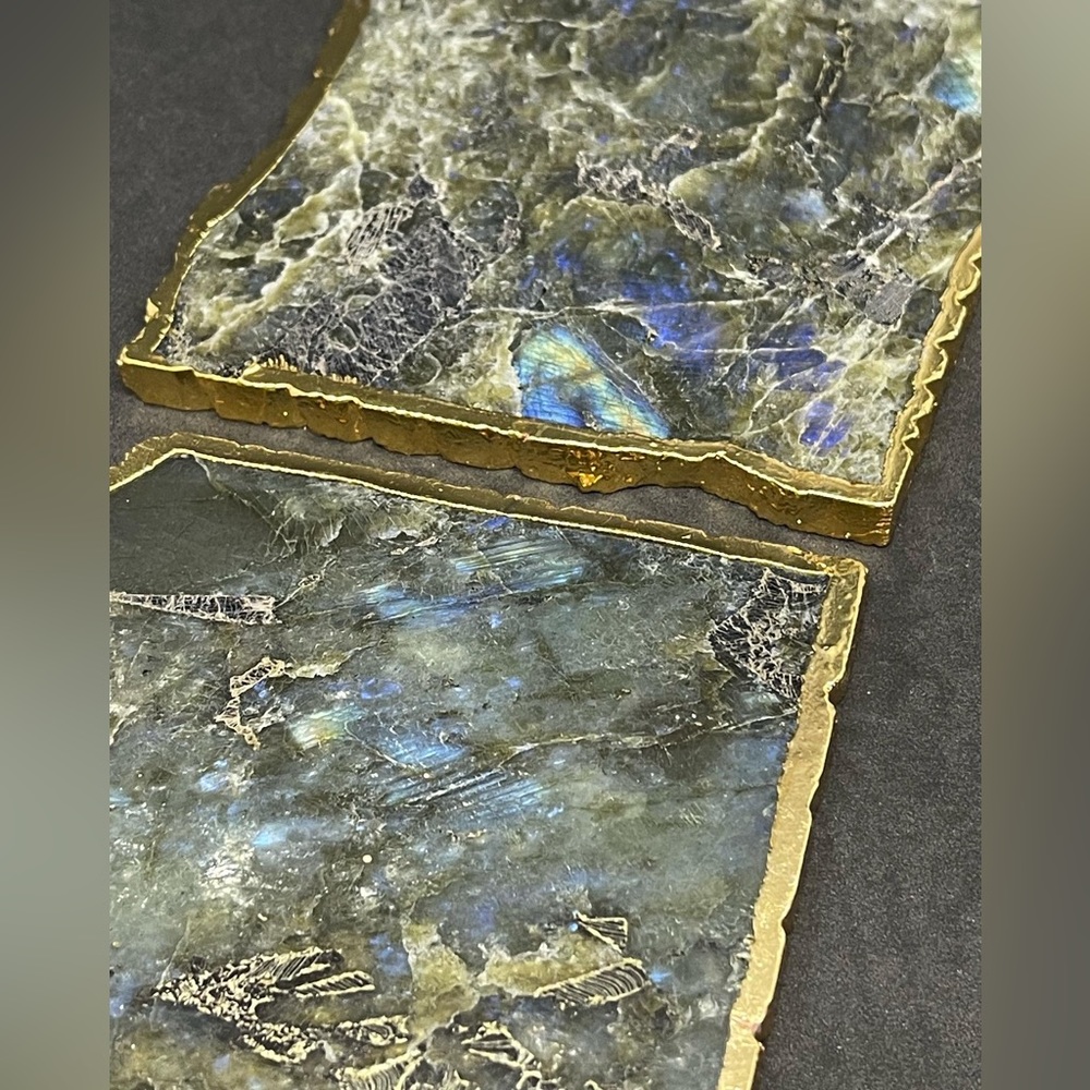 Labradorite Coaster Set of 2  Like Anna New York 24k Gold Trimmed Unique Gift